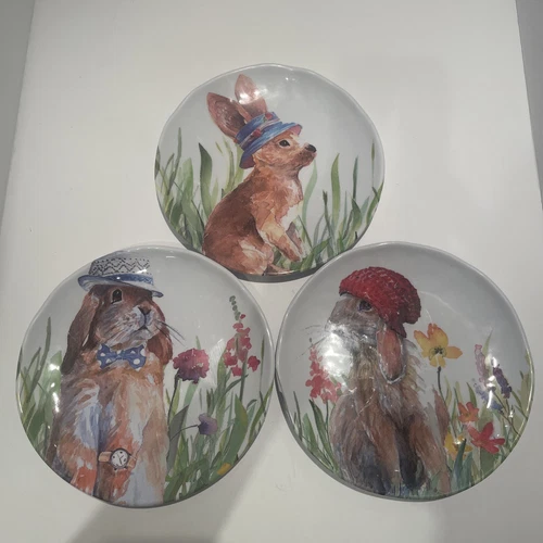 Set of 3 Easter Rabbits w/Hats Melamine watercolor Spring Prima design Plates