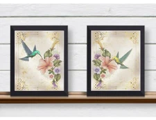 Set of 2 Hummingbirds and Flowers in Spring and Summer Golden Scrapbook UNFRAMED