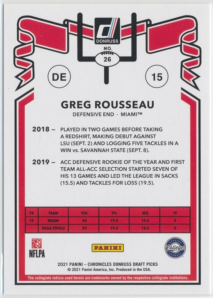 Greg Rousseau - Miami Hurricanes - 2021 Chronicles Draft - Donruss - RC ...