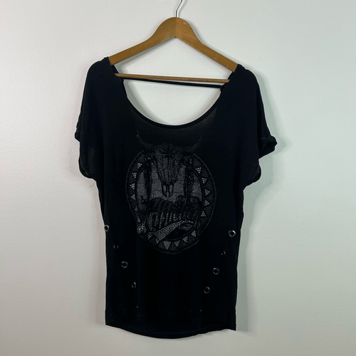 Affliction Womens Black Graphic Tee Size M Bull Skull Studded Boho Western - 第 1/11 張圖片