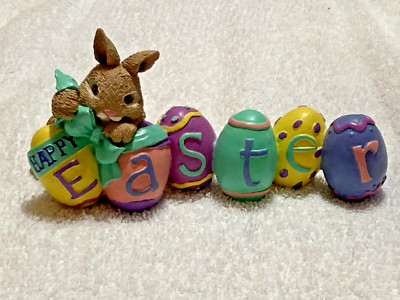 Easter Bunny Statue Decoration with Happy Easter and Bunny Eggs Resin Tableto...