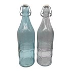 Set of 2 Vintage Glass Decorative Bottle Aqua & Purple Raised Square Design 12"