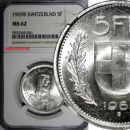 Switzerland Silver 1969 B 5 Francs NGC MS62 KM# 40 (001)
