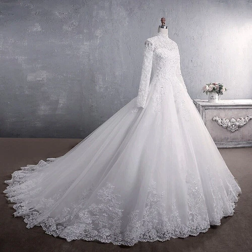 Bride Lace Wedding Dress Standing Collar Long Sleeve Trailing Bridal Frock Gown - Picture 4 of 9