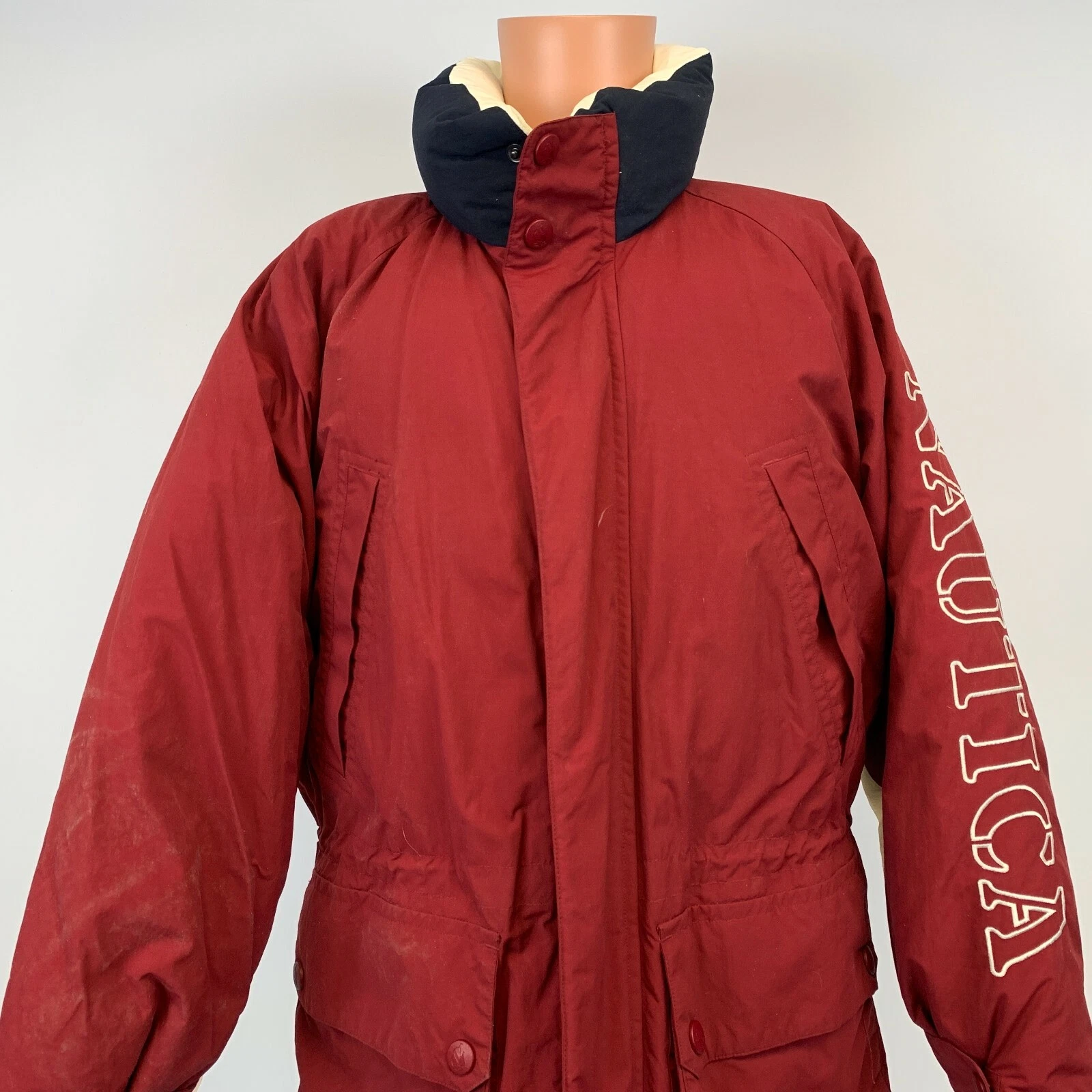 Nautica Duck Down Embroidered Puffy Jacket Vtg 90s Red Size L