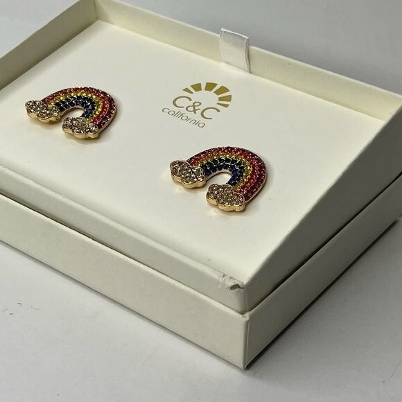 Rainbow Rhinestone Pierced Post Earrings Gold C&C California New in Box