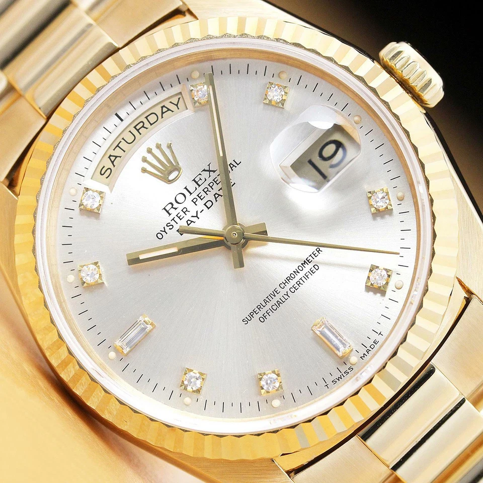 ROLEX MENS PRESIDENT DAY DATE FACTORY SILVER DIAMOND DIAL 18K YELLOW GOLD WATCH