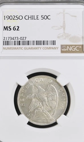 Chile 50 Centavos 1902, NGC MS62