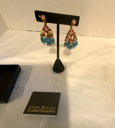 Joan Rivers Gold Tone Chandelier Dangle Clip-On Earrings Pink Blue Crystal