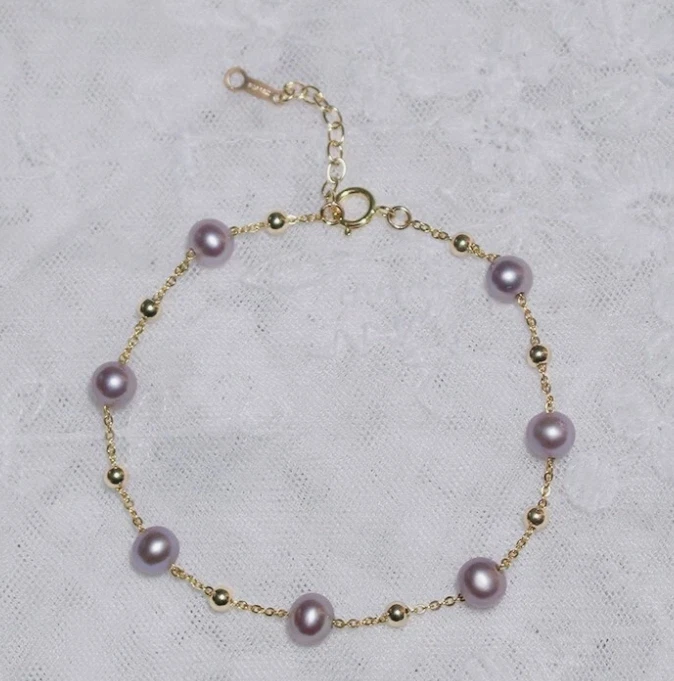 7.5-8"Beautiful AAA+ real natural south sea purple round pearl bracelet 14K Gold - Image 4 of 4