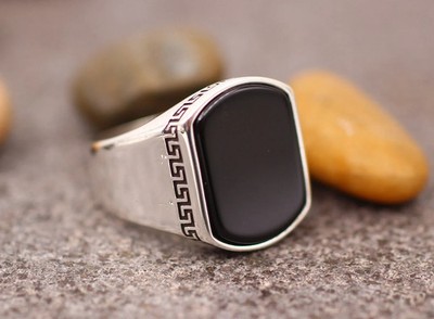 Solid 925 Sterling Silver AA Natural Flat Black Onyx Gemstone Men's Unisex Ring