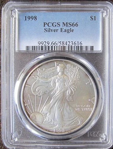 1998 American Silver Eagle 1 Oz .999 Fine Silver Coin PCGS MS66