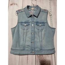 Ladies Medium Embroidered Denim Vest Sleeveless Flowers Hippie Boho Chic