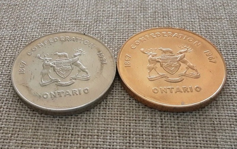 1967 Pair Confederation Centennial Mining Token Confederation Ontario Canada