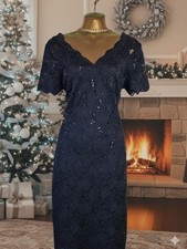 UK 12 Black Floral Lace Sequined V-Neck Evening Party Dress