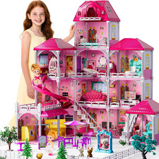 Villa Playset for Girls Ages 3-7, 4-Story 12 Room House with 2 Dolls, Furniture