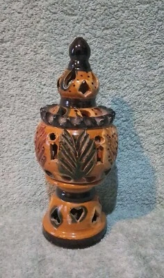 Photophore en Céramique Vintage Oriental ,Peint Et Fait Main Ht 18cm État Nickel - Photo 1/4