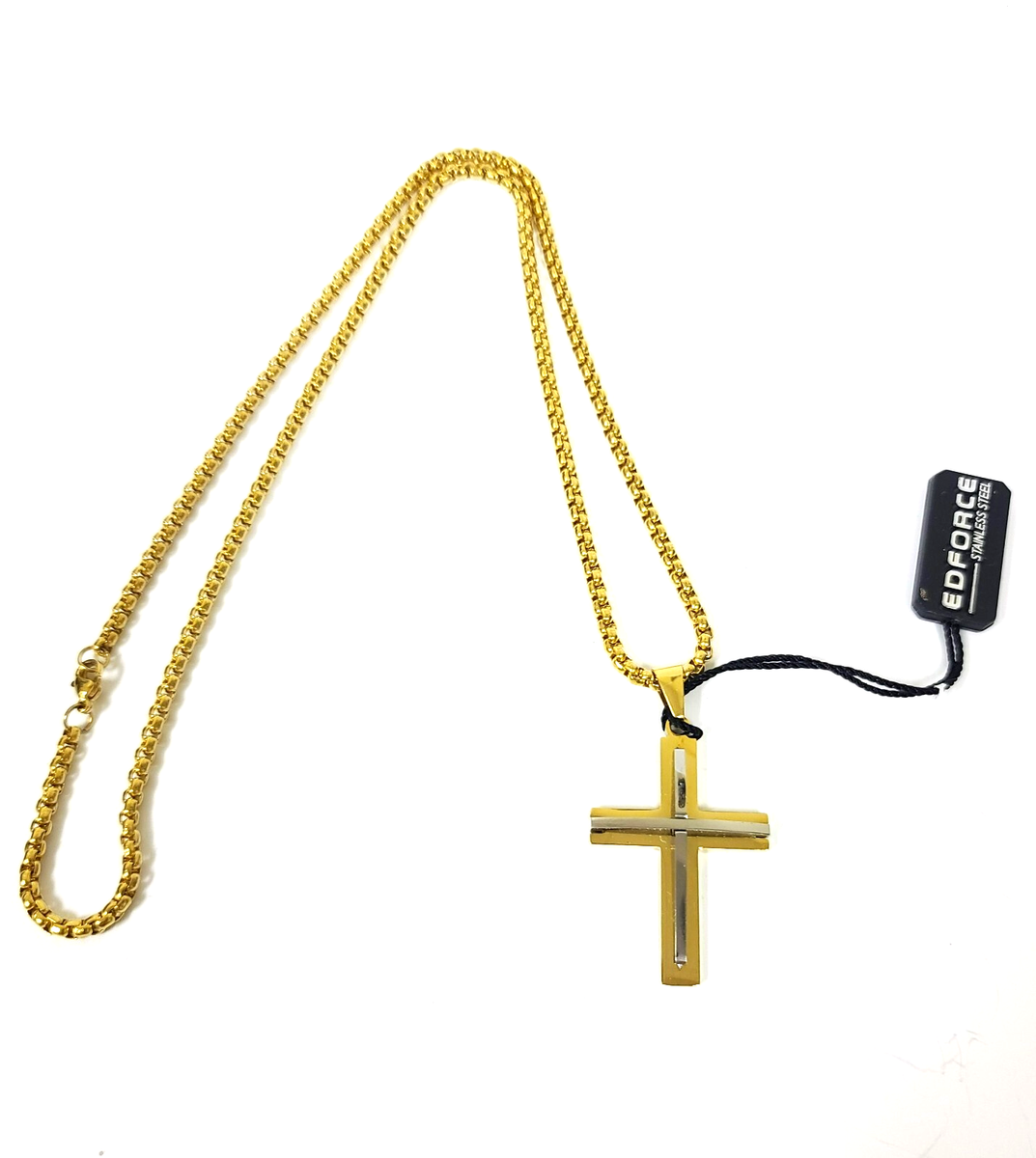 EDFORCE 2 TONE GOLD,SILVER CROSS STAINLESS STEEL,ROLO CHAIN