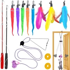 2PCS Retractable Cat Wand Toys, 9PCS Teaser Toys&1PCS Hanging Door Lure Cat Toy