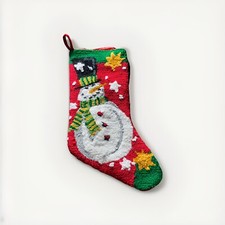 Christmas Stocking Needlepoint Snowman Red Back Jingles Joy Wool Looped Yarn
