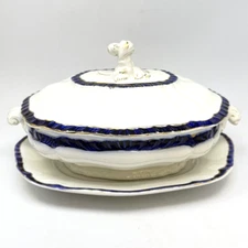 Antique Booths Cobalt Blue White Tureen Royal Semi Porcelain England Chipped