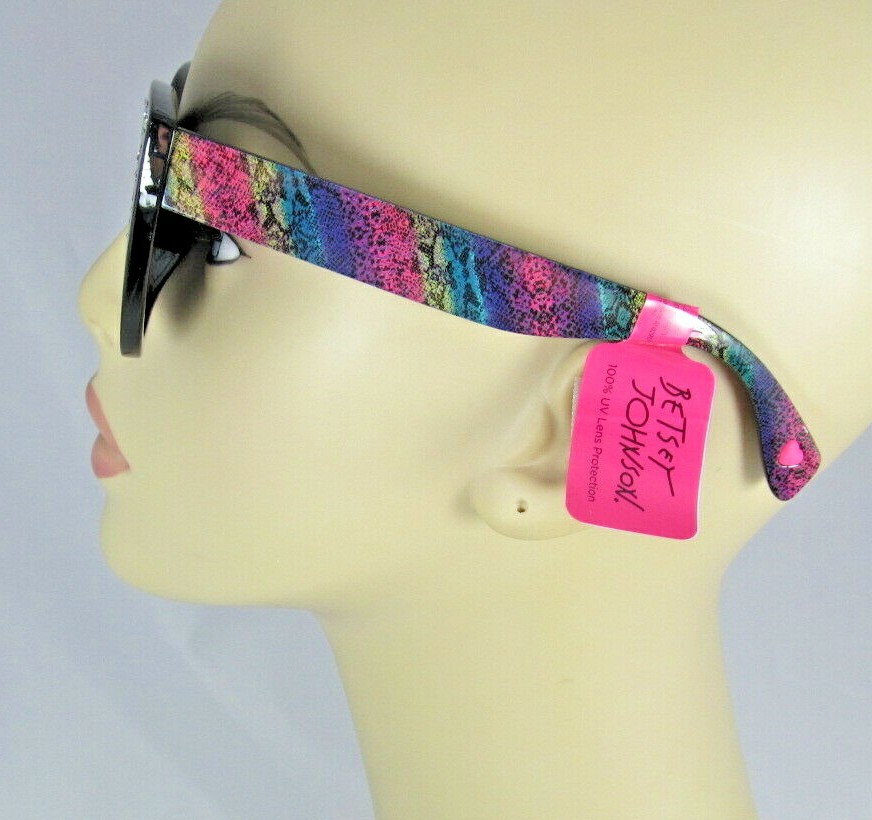 BETSEY JOHNSON Black Cat Eye Sunglasses Bling-accented Rims Multicolor Arms image 2