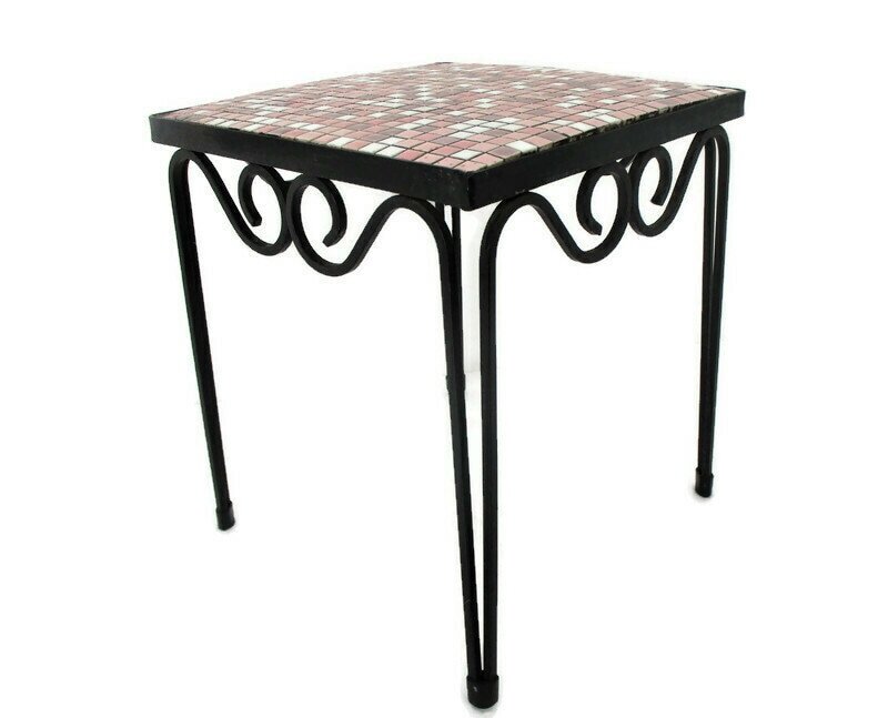 Vintage Small Side Table Plant stand Mosaic tiles Checkered