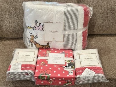 NEW Pottery Barn Teen The Grinch Full Quilt Shams Red Cotton Sheet Set Christmas