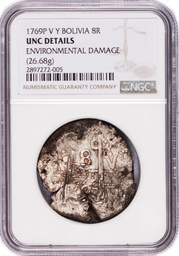 1769 P V Y Bolivia Charles III 8 Reales Silver Cob NGC UNC Details Coin