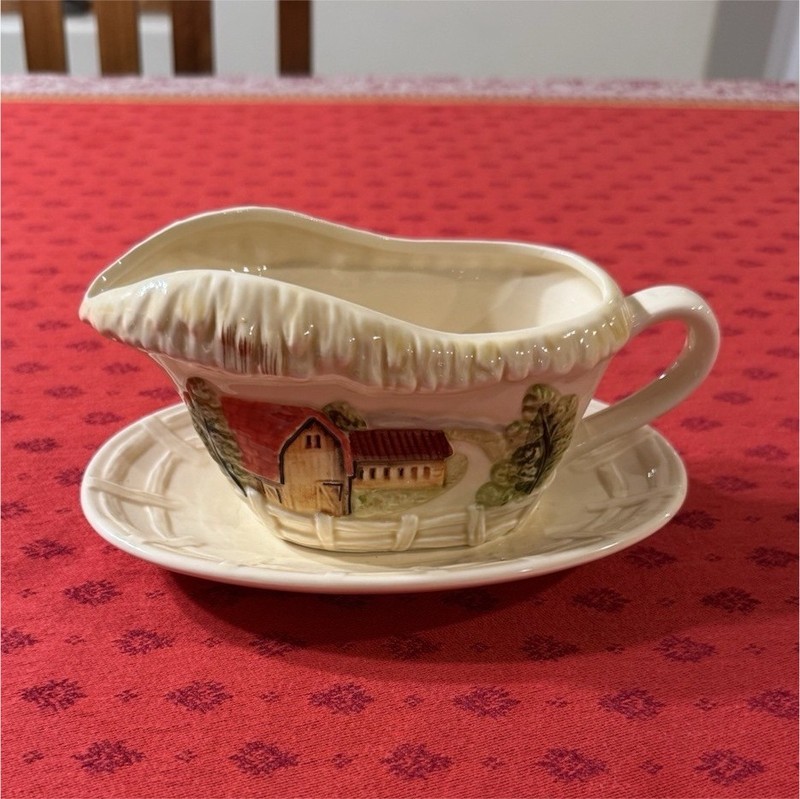 Ceramic Gravy Boat Set with Farmhouse Scene, Glossy Finish, Japan, 2-Piece