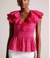 Ted Baker Mazieh Bordado Ojales Peplum Top Rosa Volantes Algodón Talla 0 EE. UU. 0-2