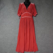 NWT J.Crew Smocked-Trim Midi Dress Crepe de Chine 10 Red Viscose V-Neck CL098