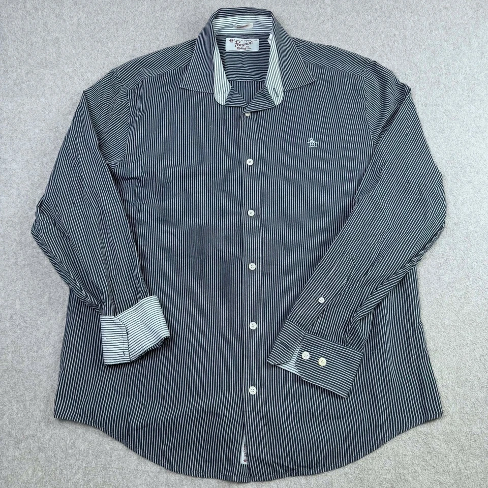 Penguin Long Sleeve Striped Button Up Shirt Black Blue Men's Size Large - Image 2 of 4