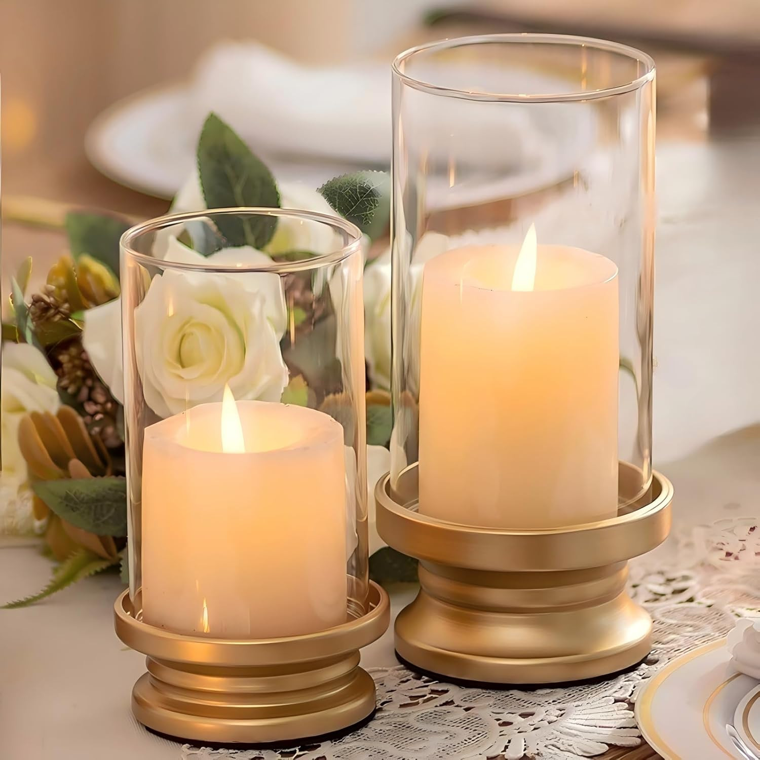 Gold: Set Of 2 Pillar Candle Holders With Clear Glass Sl
