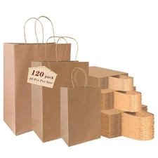 120 pack Kraft Paper bags with Handles,Assorted Sizes Gift Bags Bulk Kraft Pa...