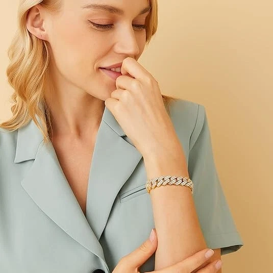 Brazalete Cubano Diamante Simulado Redondo Hombre 8.5" Latón Chapado en Oro Amarillo 14K Foto 2 de 4