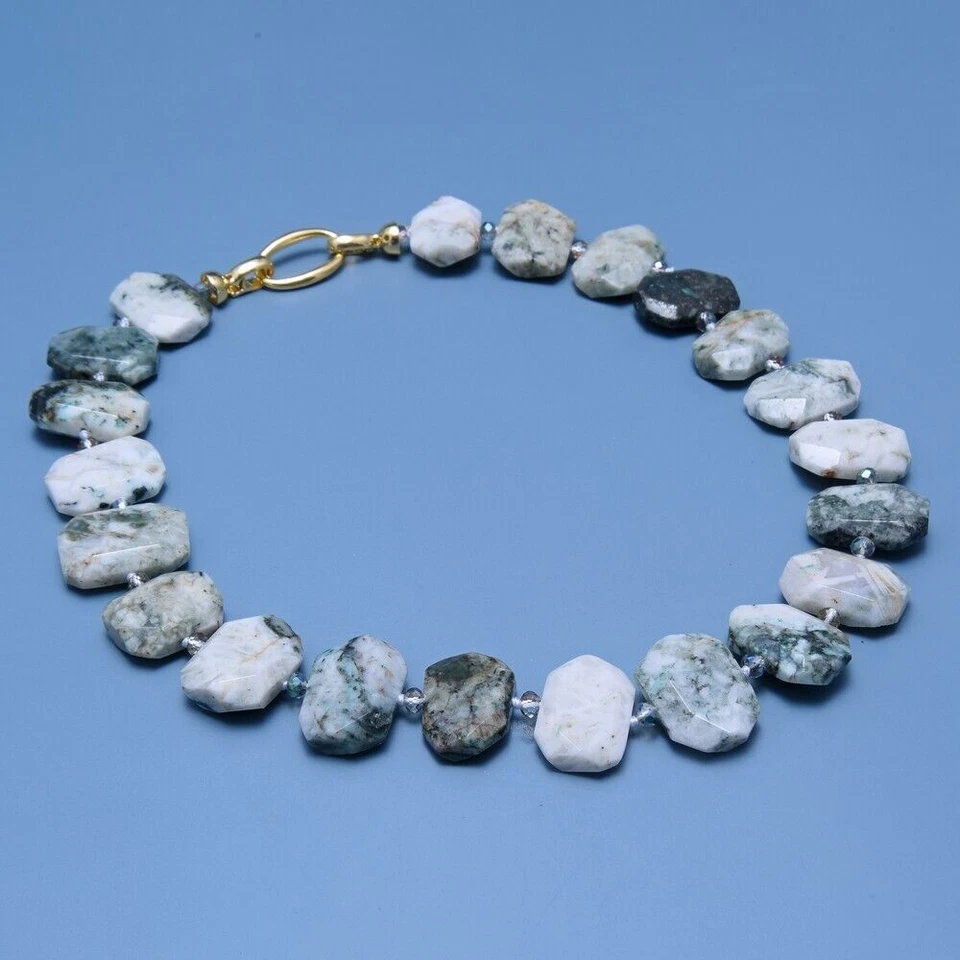 19-дюймовый натуральный зеленый агат коренастый прямоугольник реальный камень колье ожерелье этнический - Изображение 2 из 4