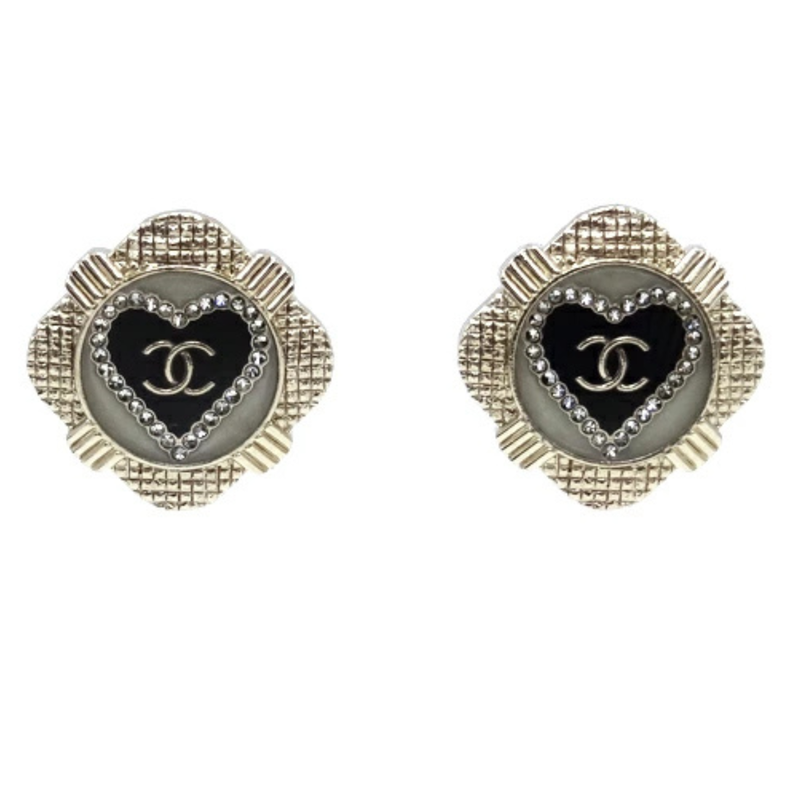 CHANEL Coco Mark Rhinestone Heart Earrings in Gold Black Authentic w Box