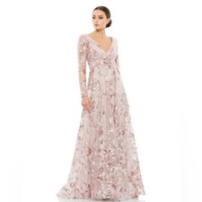 Mac Duggal Embellished V Neck Illusion Long Sleeve A Line Gown- NWT