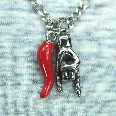 Large Red Cornicello Mano Cornuto Necklace, Italian Hand Horn