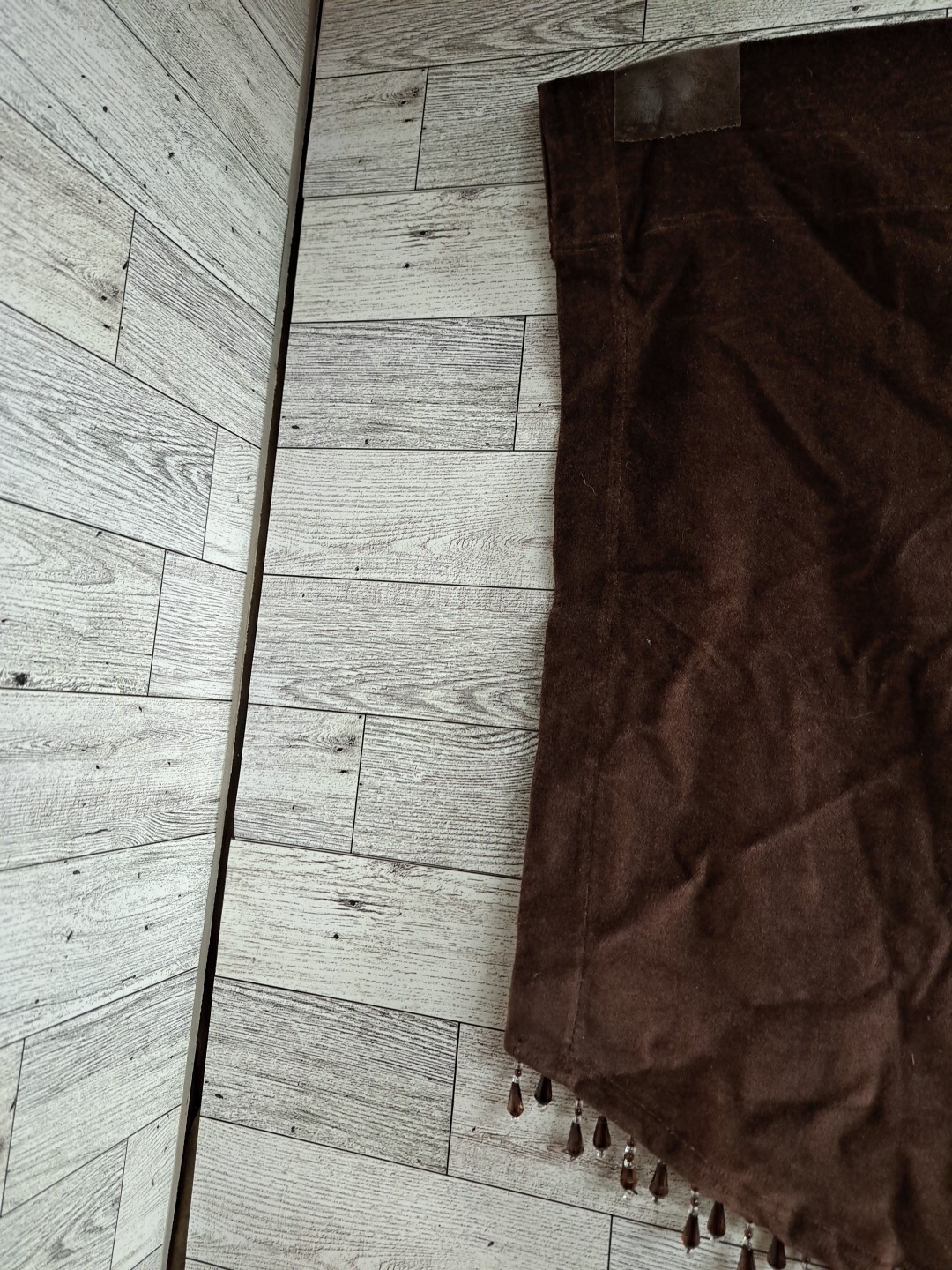 Brown Velour Velvet Valance Curtains 54x17½ Window Topper Scalloped Beaded Retro