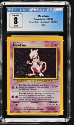 CGC 8 - 1999 Base Set Mewtwo 10/102 ERROR Square Cut HOLO Base Set