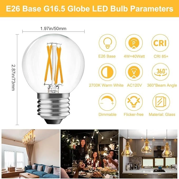 BRIMAX Dimmable E26 4W=40W LED Light Bulbs G16.5 Globe Vintage Bulb 10 Pack 400L - Image 4 of 4