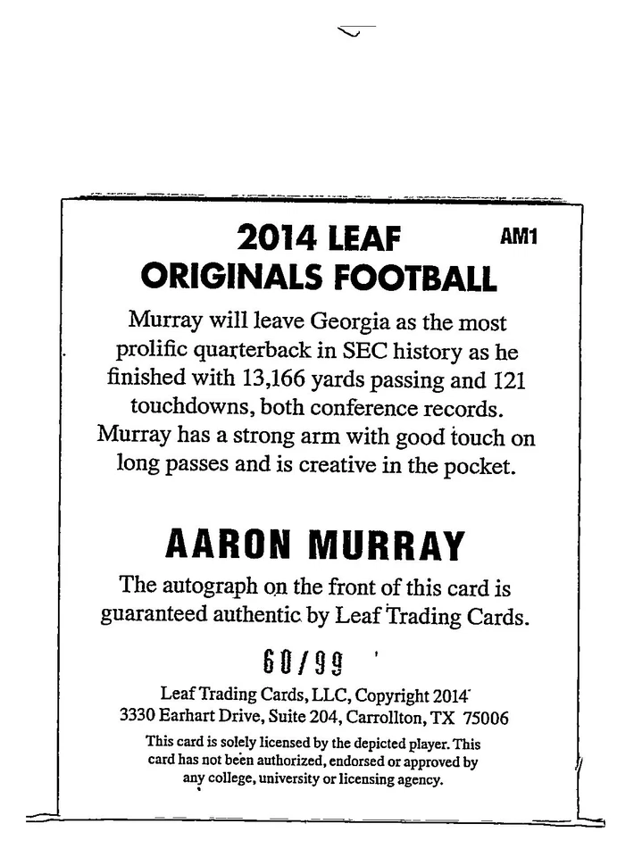 Aaron Murray 2014 Leaf Originals Yellow /99 Auto #AM1 Georgia Bulldogs - Image 2 of 2