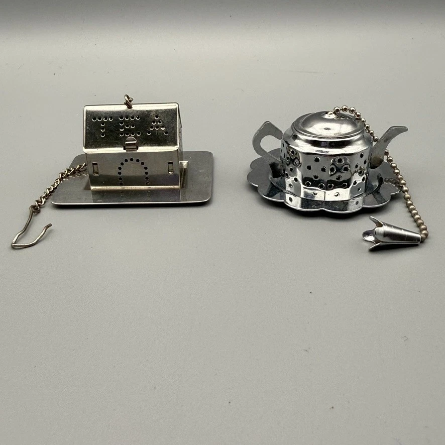 Tea Infuser Lot Teapot & Tea House w/ Drip Trays Metal Loose Leaf Strainer