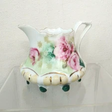 Vintage RS Prussia Hand Painted Pink Cabbage Rose Green Footed Creamer