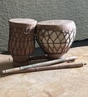 Vintage Drum Primitive Clay Dual Set w/ Carved Wooden Sticks Rawhide Great Sound — photo 1