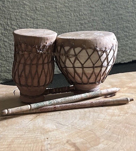 Vintage Drum Primitive Clay Dual Set w/ Carved Wooden Sticks Rawhide Great Sound