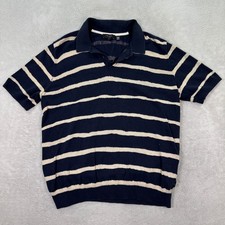 Ted Baker London Mens Size 5 XL Knit Polo Shirt Navy Blue Cream Striped Cotton