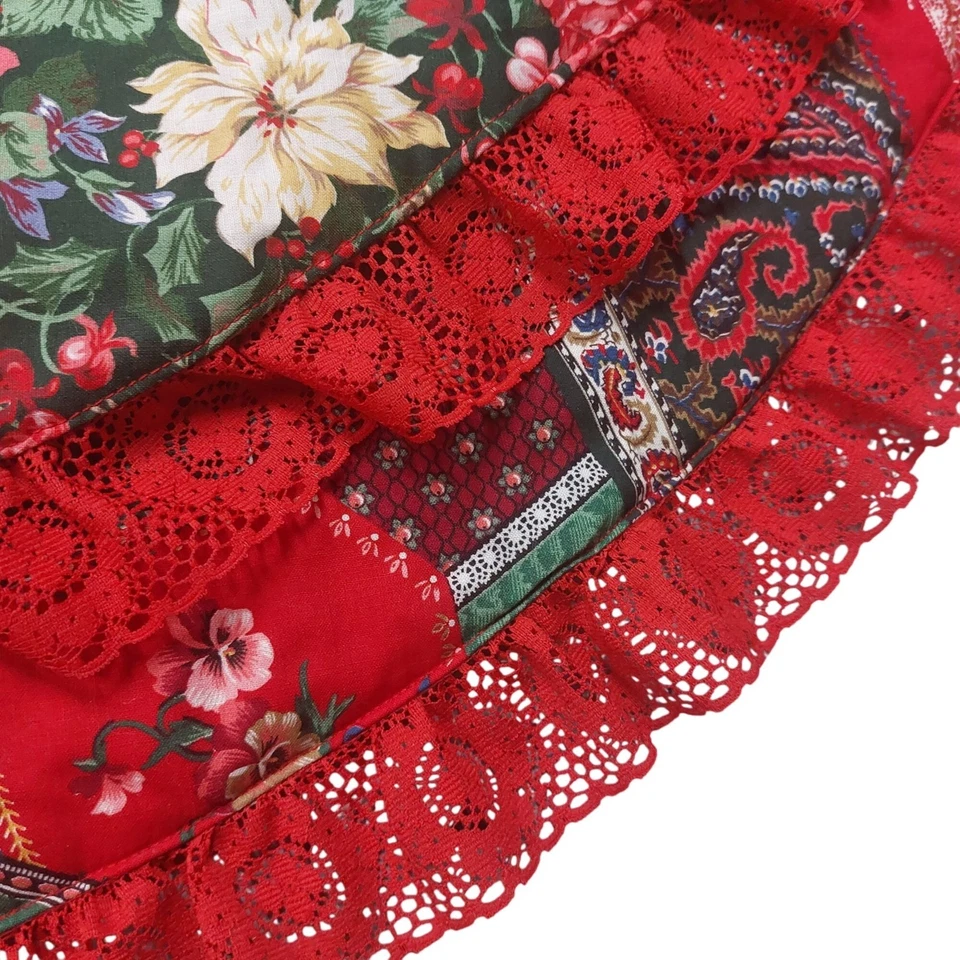 Винтажная двусторонняя цветочная лоскутная стеганая юбка-елка с красным кружевом - Изображение 3 из 3